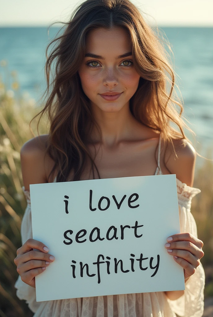 Beautiful girl with wavy long hair, bohemian dress, holding a white board with text "I Love Seaart Infinity" and showing it to the viewer