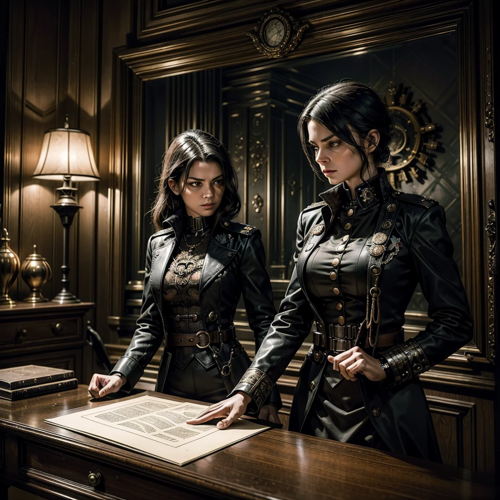 a sexy woman in military uniform steampunk signs documents on a desk, behind her a hitman approaches her from behind,hyper-realistic, photorealistic, hyper-detailed