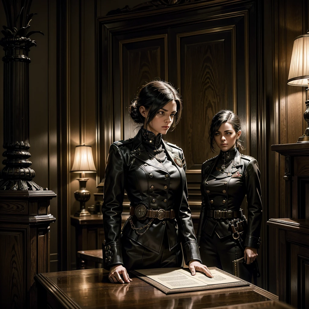 A woman in a sleek military uniform with intricate steampunk detailing signs classified documents at an antique oak desk. Unbeknownst to her, a shadowy hitman lurks behind, holding a taut rope with sinister intent. The room is dimly lit, highlighting the dramatic tension between the two characters, adding a suspenseful element to the scene.