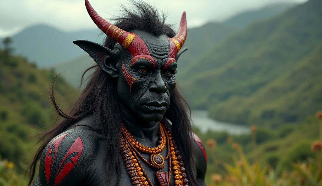 Papua New Guinea as an indic League of Legend dark creature in black, carmine red and yellow colors. Intricated clothing. Cinematic Fantasy sci-fi landscape background
