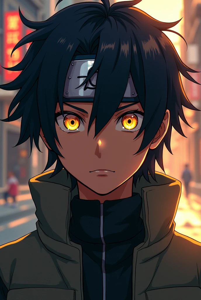  with short wavy black hair like bakugk&#39;s, yellow  eyes, and wears a konoha ninja headband, your skin is dark  

(アニメ)