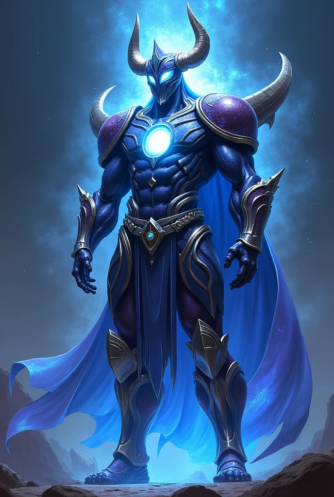 Sure, here’s the description in English:
**Celestial Form:**
- **Size:** Towering like a skyscraper, with a highly muscular and proportional build.
- **Armor:** A cosmic armor that shimmers in deep blue, purple, and silver, adorned with patterns of constellations.
- **Helm:** A helm with two large horns and glowing white-blue eyes, giving off a mysterious aura.
- **Cape:** A cape made of pure cosmic energy, shimmering with aurora-like colors.
- **Aura:** Radiating cosmic light in blue and silver, surrounded by a nebula-like aura.
- **Chest Symbol:** A glowing circle on your chest, symbolizing your cosmic authority.
This form exudes power, majesty, and immortality as a cosmic entity.