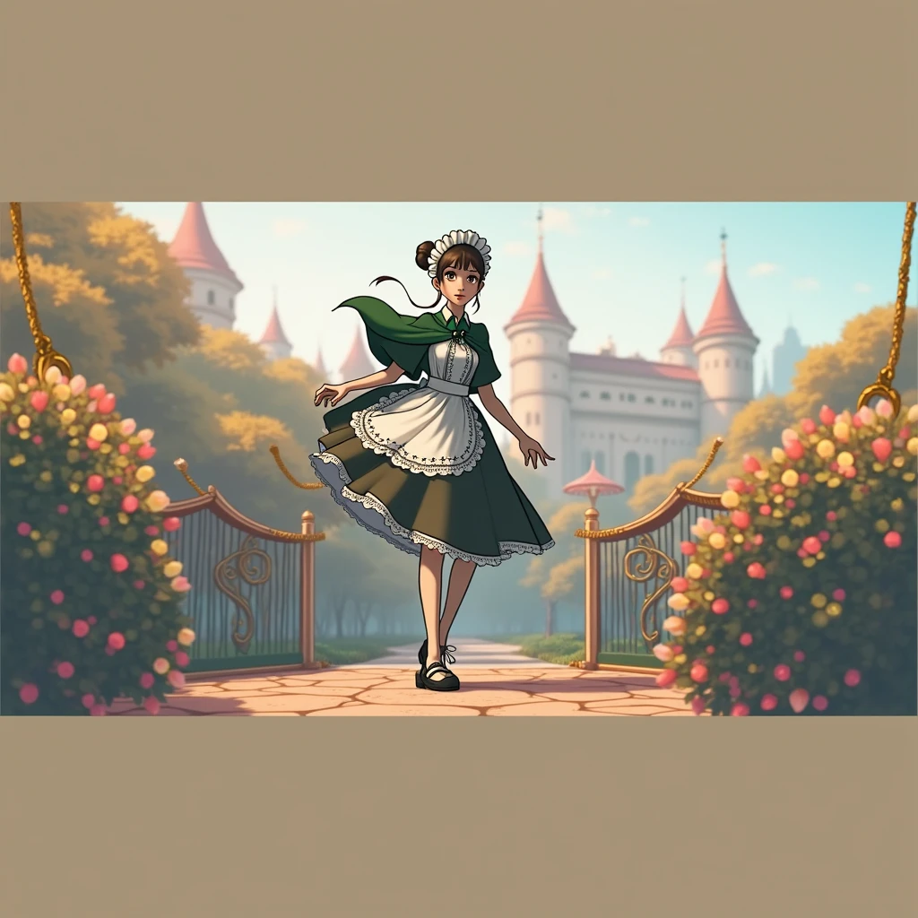 masterpiece, best quality, 1girl, solo, nahida_genshin, cross-shaped pupils, maid outfit, green cape, standing