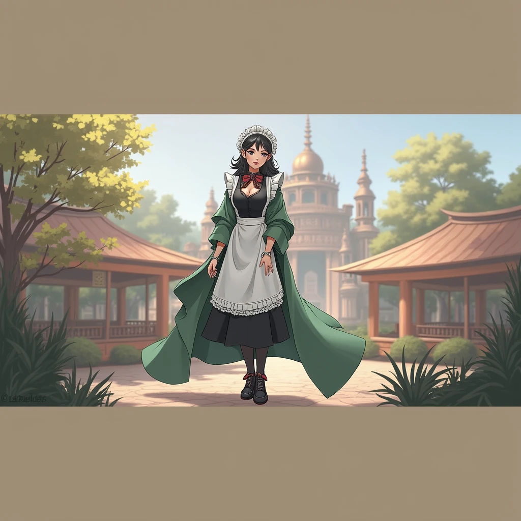 masterpiece, best quality, 1girl, solo, nahida_genshin, cross-shaped pupils, maid outfit, green cape, standing