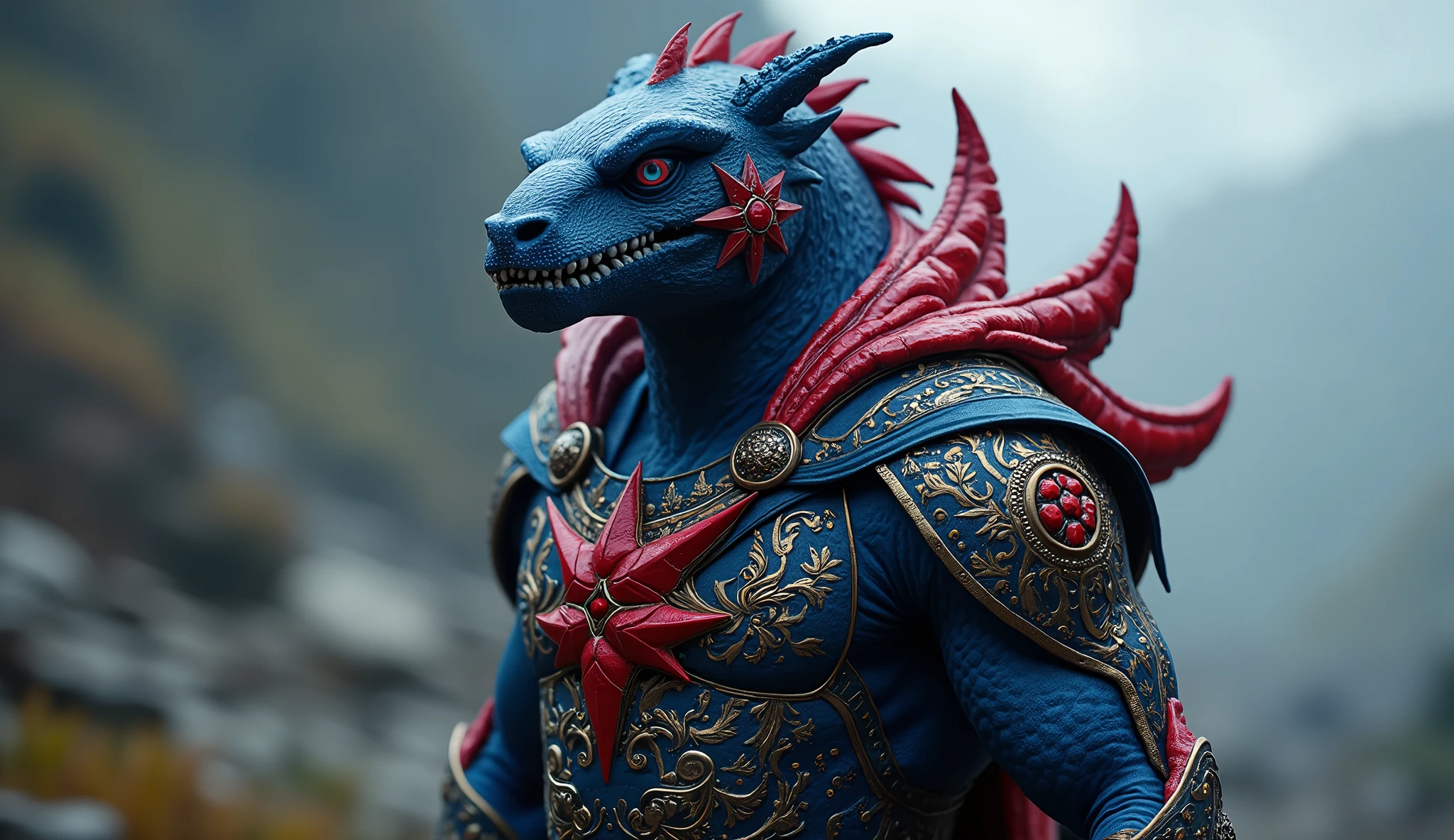 Panama as a central american League of Legend creature in dark blue, carmine red and white colors. A blue star and a red star. Intricated clothing. Cinematic Fantasy sci-fi landscape background