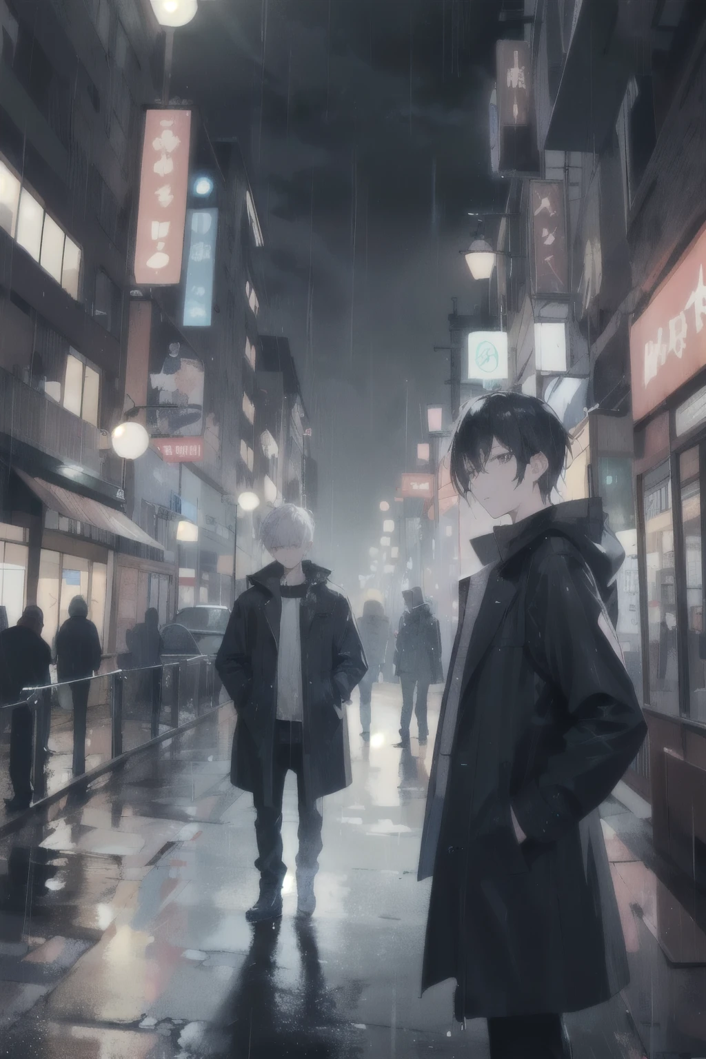 2boys,discuss each other,night city,rain,coat,hands in pockets