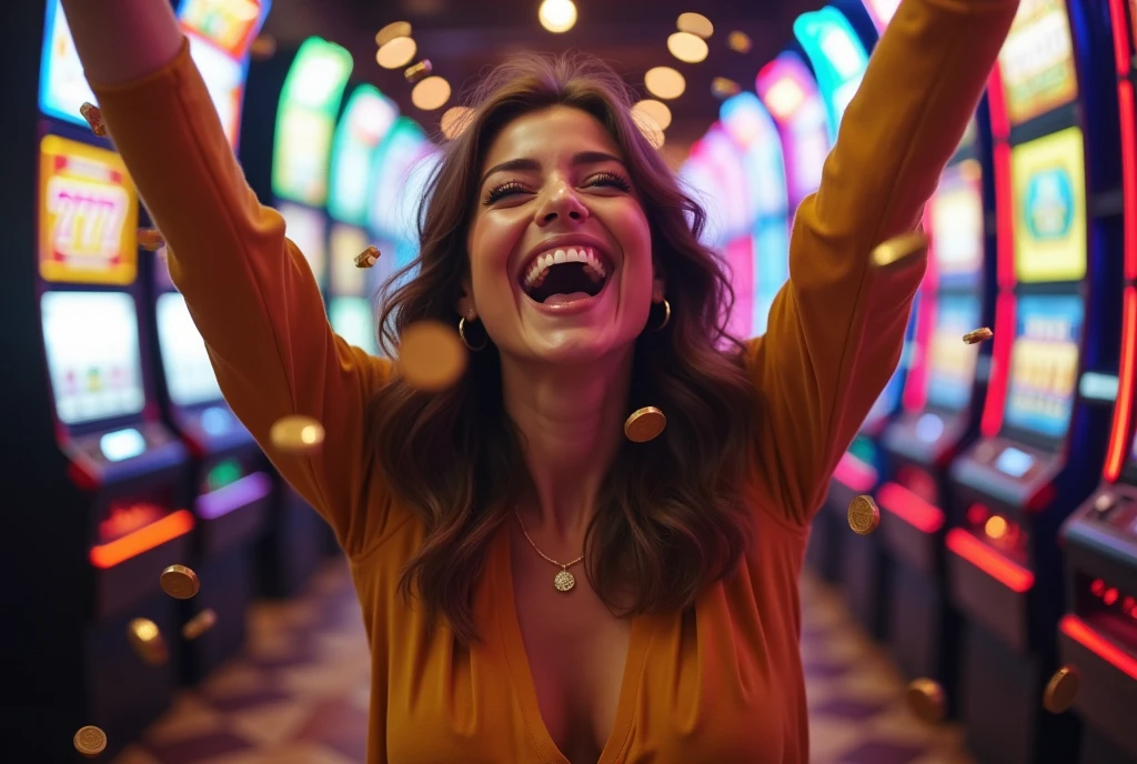 Ecstatic woman, main focus, winning jackpot, casino slot machine, 777 display, gold coins raining down, overjoyed expression, arms raised in celebration, radiant smile, sparkle in eyes, vibrant casino lights, coins piling around her feet, lucky moment, dynamic pose, stylish outfit, confetti in air, blurred background, emotional impact, life-changing win, close-up on face, luxurious atmosphere