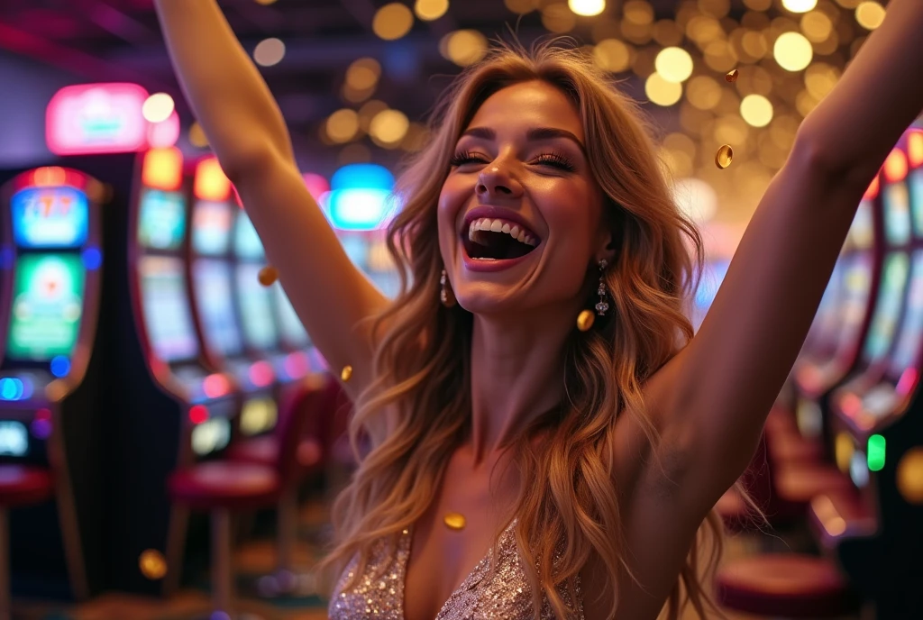 Ecstatic woman, main focus, winning jackpot, casino slot machine, 777 display, gold coins raining down, overjoyed expression, arms raised in celebration, radiant smile, sparkle in eyes, vibrant casino lights, coins piling around her feet, lucky moment, dynamic pose, stylish outfit, confetti in air, blurred background, emotional impact, life-changing win, close-up on face, luxurious atmosphere