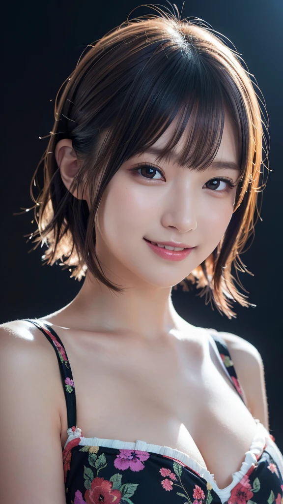 1 girl,(Wearing colorful stage costumes:1.2),Very beautiful Japanese idol portraits,Face close-up,(RAW Photos,Highest quality),(Genuine,Genuineistic:1.4),(masterpiece),Very delicate and beautiful,Very detailed,2k wallpaper,wonderful,In detail,Highly detailed CG Unity 8K wallpapers,Very detailed,High resolution,Soft Light,Beautiful detailed,Very detailed eyes and face,Beautiful and sophisticated nose,Beautiful and beautiful eyes,Cinema Lighting,(Simple light color background:1.3),(short hair),(Bob),Complete Anatomy,Slender body,smile,Large Breasts,