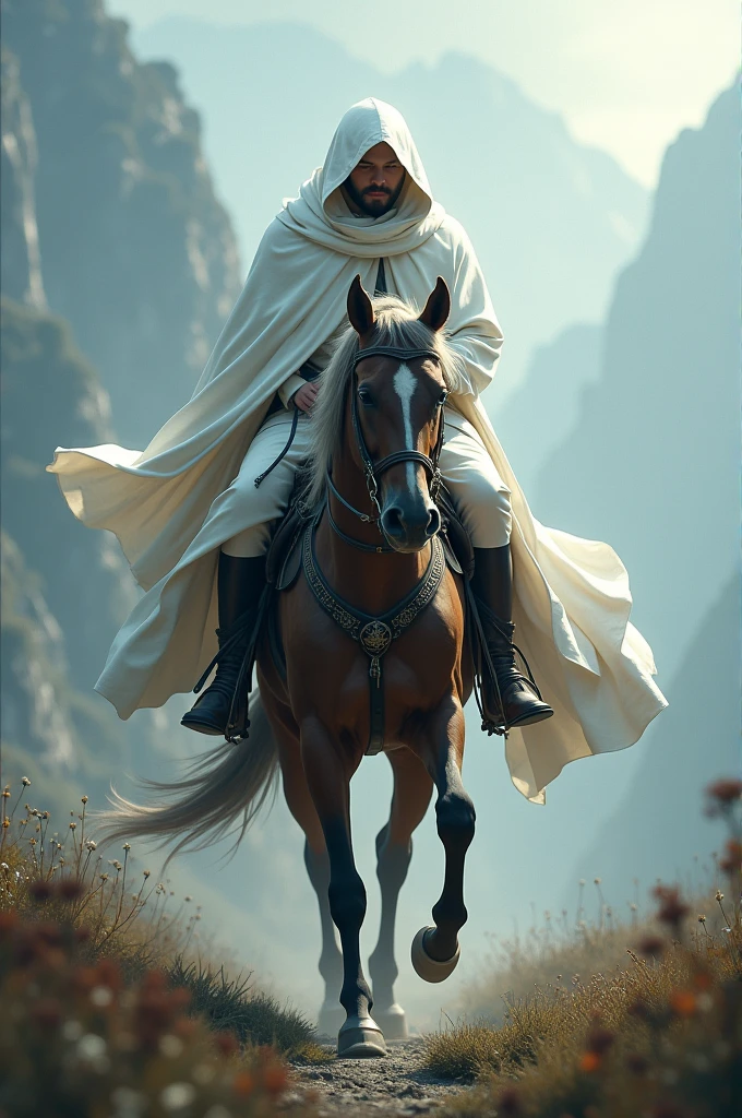 Man in hooded white cloak riding a horse