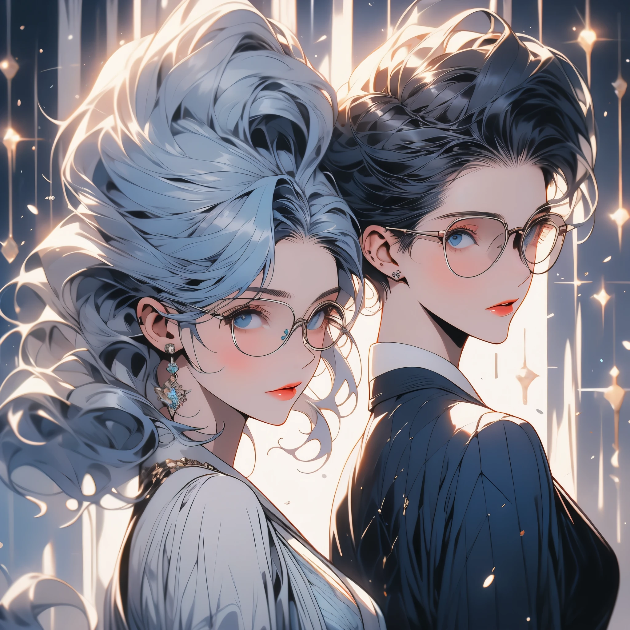 pale skin + blue eyes + dark grey hair with a barely noticeable white streak at her temples + bob haircut, she styles her hair in a Marseille wave hairstyle + woman + adult woman + suit + tie + serious + dominant