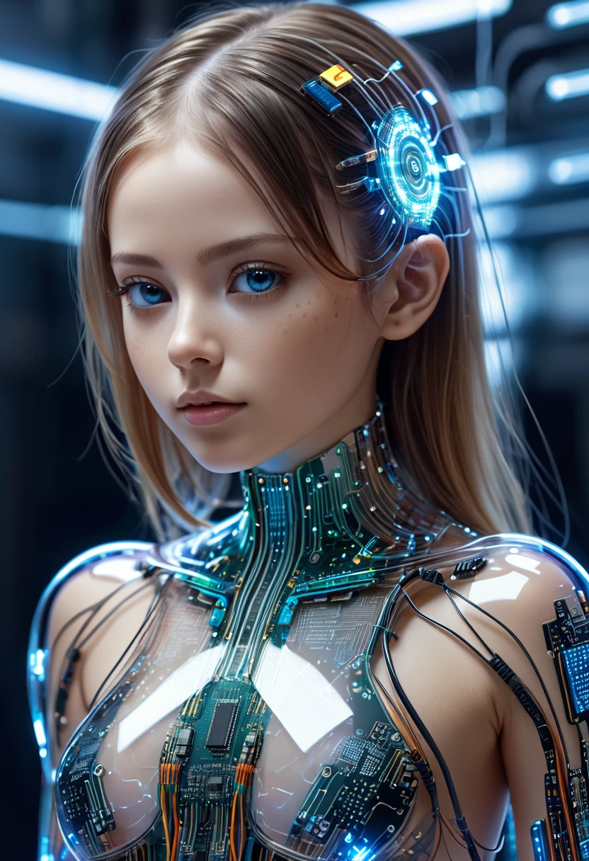cyborg girl with transparent skin and visualization of all internal microcircuits and chips with wires
high detail