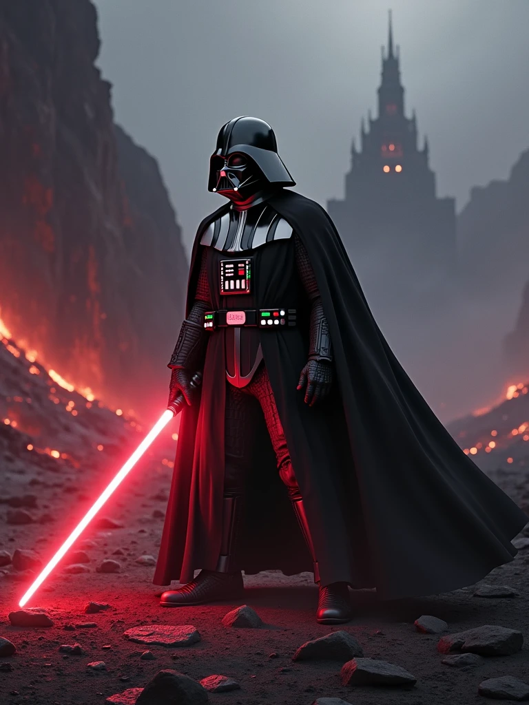 make Darth Vader in mustafar holding a holocron with the plans of death star, in the behind in the left side this the fortress vader
