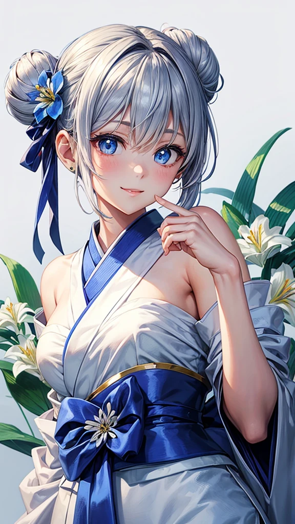 Anime character, half body only, upper body only, half body portrait, posing like a model, good looking, beautiful, full of details, aesthetic, hd, masterpiece art, amazing work. Solo, young lady, hair in bun, one bun, just one bun, flower accessories in bun, bluish gray colored hair, Lady, blue eyes, smile, elegant look, elegant carrying, white Japanese kimono, blue decoration, Lily flower theme, eyes facing camera, there are no hands to hinder the appearance, simple background.