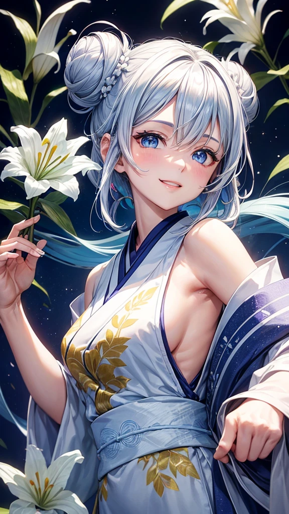 Anime character, half body only, upper body only, half body portrait, posing like a model, good looking, beautiful, full of details, aesthetic, hd, masterpiece art, amazing work. Solo, young lady, hair in bun, one bun, just one bun, flower accessories in bun, bluish gray colored hair, Lady, blue eyes, smile, elegant look, elegant carrying, white Japanese kimono, blue decoration, Lily flower theme, eyes facing camera, there are no hands to hinder the appearance, simple background.