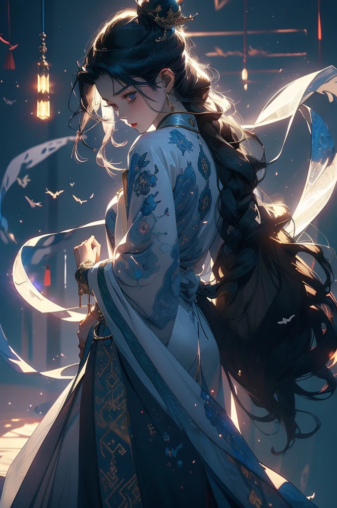 A moon-white robe,The clothes are fluttering。 Light blue belt around waist,Hanging simple jade pendant。 Long hair like ink,Use a white jade hairpin to casually tie up。 White cape dancing in the wind,Show off your elegance。 Cloud pattern boots,Light on the Step。 Wearing a special silk robe,Amazing defense。 Mysterious runes embroidered on the vestments,The light flickers faintly。 Wears a purple-gold crown on his head,Exuding majesty。 The cuffs are embroidered with delicate cloud patterns,Elegant and extraordinary。 Wearing dark green,Easy to move,Suitable for combat。 The neckline is outlined with silver thread,Understated luxury。 The black cape is decorated with star patterns,Mystery。 Wearing white armor,Majestic,awesomeness。 The edges of the armor are inlaid with precious gems,Shine brightly, (best quality), (masterpiece), (Very detailed), (4K)