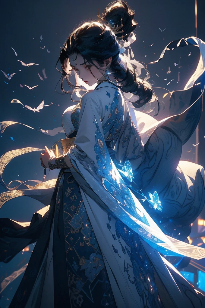 A moon-white robe，The clothes are fluttering。 Light blue belt around waist，Hanging simple jade pendant。 Long hair like ink，Use a white jade hairpin to casually tie up。 White cape dancing in the wind，Show off your elegance。 Cloud pattern boots，Light on the Step。 Wearing a special silk robe，Amazing defense。 Mysterious runes embroidered on the vestments，The light flickers faintly。 Wears a purple-gold crown on his head，Exuding majesty。 The cuffs are embroidered with delicate cloud patterns，Elegant and extraordinary。 Wearing dark green，Easy to move，Suitable for combat。 The neckline is outlined with silver thread，Understated luxury。 The black cape is decorated with star patterns，Mystery。 Wearing white armor，Majestic，awesomeness。 The edges of the armor are inlaid with precious gems，Shine brightly, (best quality), (masterpiece), (Very detailed), (4K)