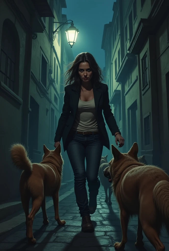 A woman fearing and seeing dogs in street at night