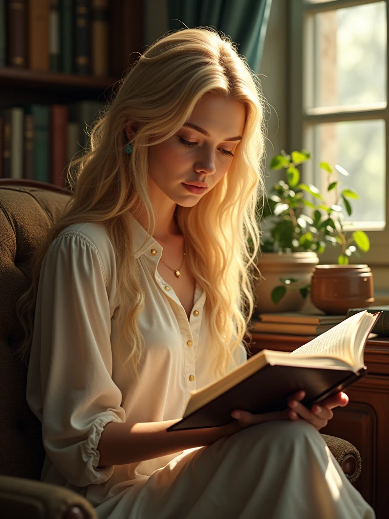 A blonde beauty is reading a book