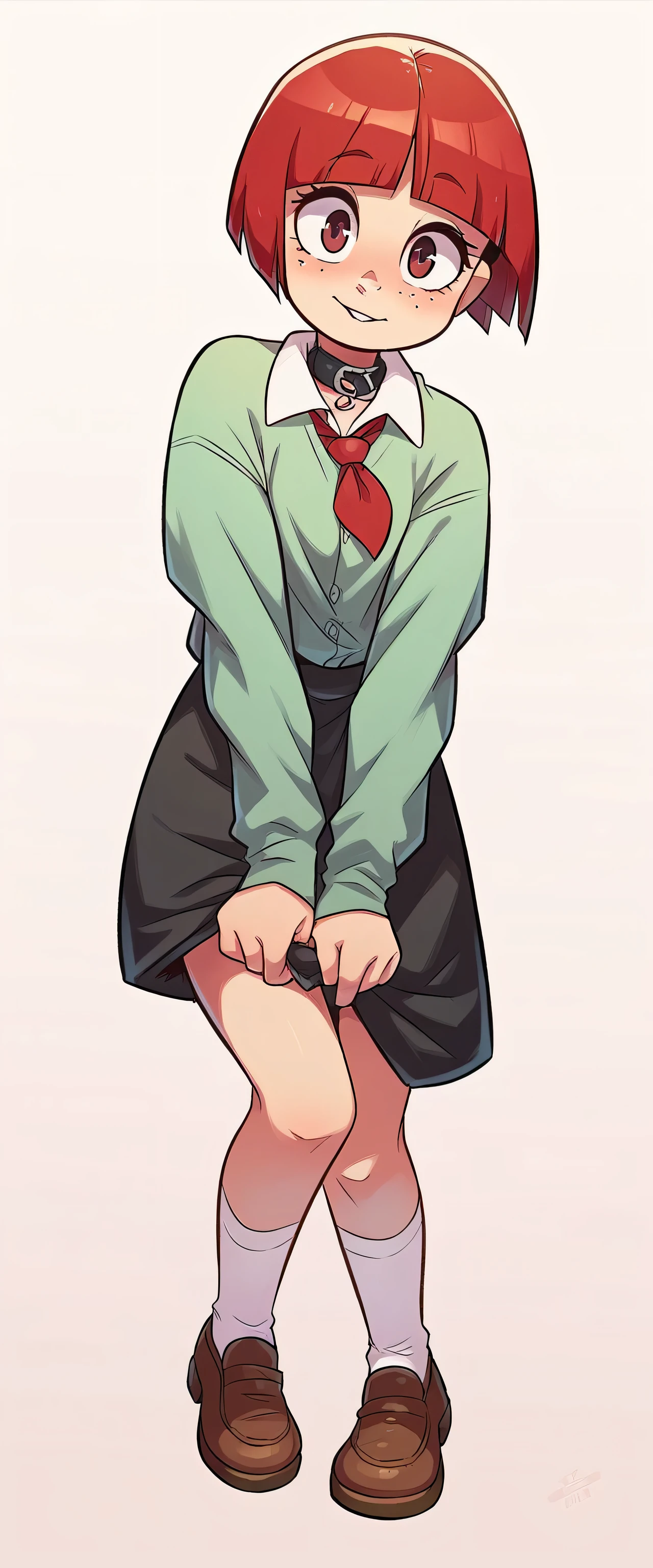 A cute girl, attractive, beautiful, beautiful, short red hair, loose cut, her eyes are red, her cheeks are soft, she wears a white button-down shirt, underneath a green sweater with a long sleeve, a red tie, a collar, and a light black skirt, watery white socks, brown shoes.