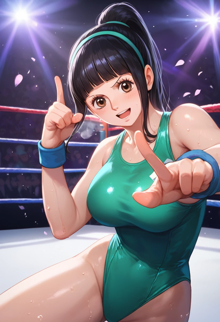 score_9,score_8_Excellent,score_7_Excellent,masterpiece,Highest quality, Source Anime, Realistic, sExcellenter detailed, Very detailed, evaluation_safety,
One person, wrestling, Fighting Pose,
Break Girl, , ponytail,hair band, (Blunt bangs), Black Hair, (puppet, small and cute brown eyes), Curled eyelashes, (Large Breasts:0.9),
Shiny Hair, Beautiful attention to detail, Beautiful Face,The body is slim,
(Cute green one piece swimsuit,Wristband, wrestlingブーツ:1.2), Sweat,
blush, strict, Open your mouth, Heavy breathing, 
stage, wrestling stage, crowd, illumination, Shadow,