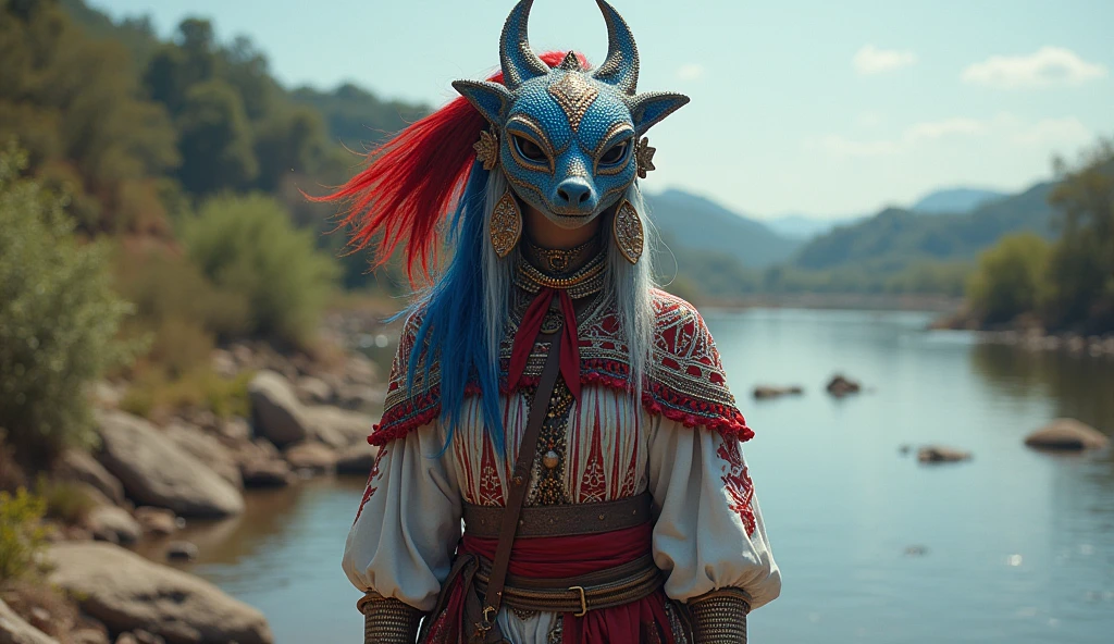 Paraguay as a guarani League of Legend river creature in carmine red, white and blue. Intricated clothing. Cinematic Fantasy sci-fi landscape background