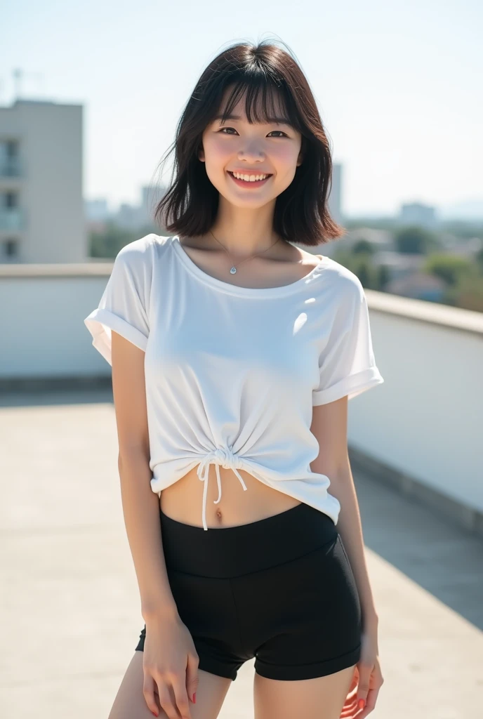 NSFW:1.2,City park in the evening、On asphalt、32K、Top image quality、Light grey sleeveless T-shirt、no-bra、(((Hand Lift Super Mini Skirt、Lift the hem of the super mini skirt with both hands to reveal the panties、You can see the pale moss green panties)))、Tight super mini skirt in gray with sheer material、(Female genitalia can be seen through、)、Happy smile、（Bob Hair）、slightly bulging、slender physique、small tits:1.5、stature: 157cm,Slightly shorter stature，Beautiful face、