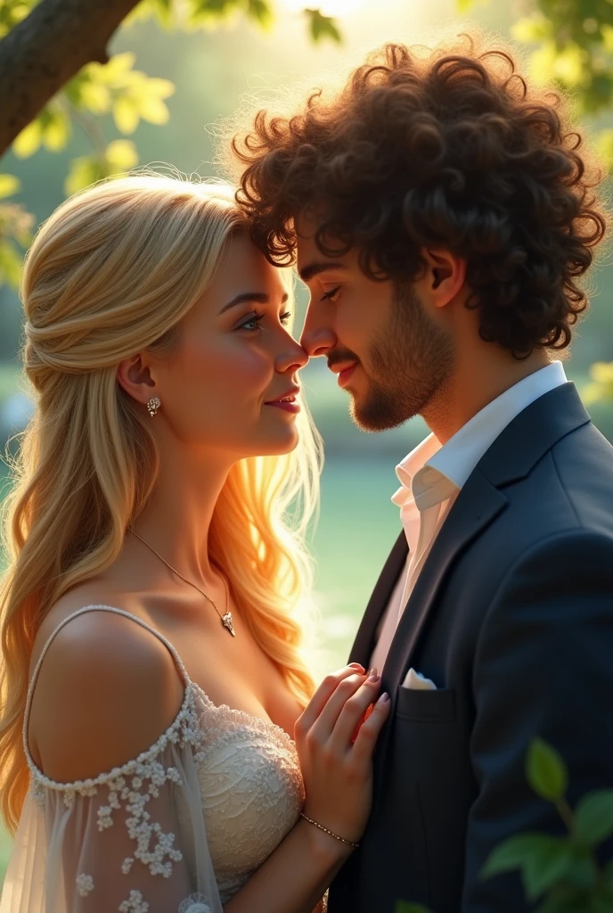 Realistic image of a blonde woman with blue eyes and her boyfriend, a man with curly brown hair, asking her to marry him