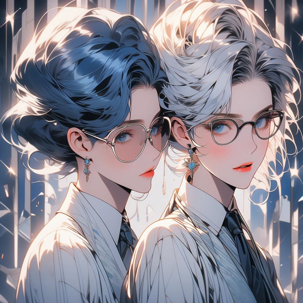 pale skin + blue eyes + dark grey hair with a barely noticeable white streak at her temples + bob haircut, she styles her hair in a Marseille wave hairstyle + woman + adult woman + suit + tie + serious + dominant + one woman
