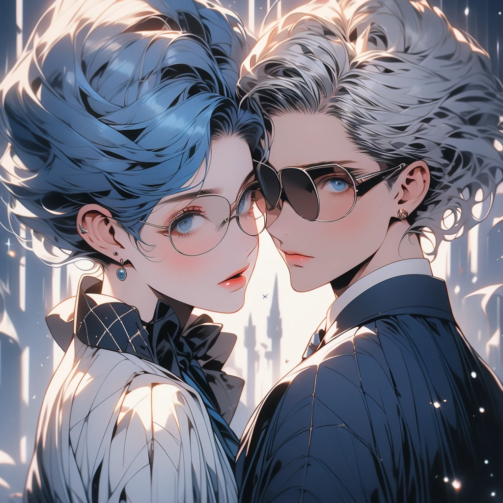 pale skin + blue eyes + dark grey hair with a barely noticeable white streak at her temples + bob haircut, she styles her hair in a Marseille wave hairstyle + woman + adult woman + suit + tie + serious + dominant + one woman