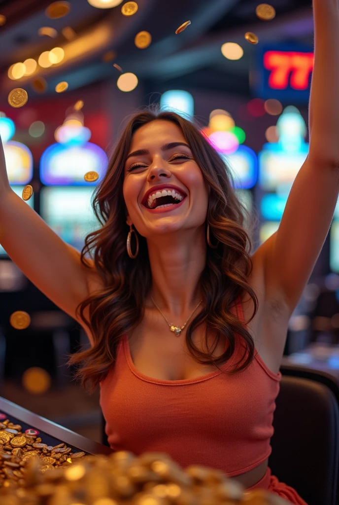 Ecstatic woman, main focus, winning jackpot, casino slot machine, 777 display, gold coins raining down, overjoyed expression, arms raised in celebration, radiant smile, sparkle in eyes, vibrant casino lights, coins piling around her feet, lucky moment, dynamic pose, stylish outfit, confetti in air, blurred background, emotional impact, life-changing win, close-up on face, luxurious atmosphere