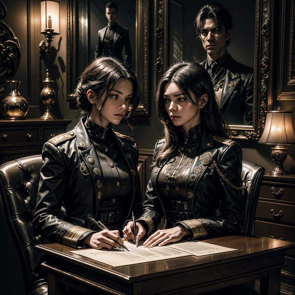 a woman in a sleek military uniform with intricate steampunk detailing,signing classified documents at an antique oak desk,a shadowy hitman lurking behind,holding a taut rope with sinister intent,dimly lit room,dramatic tension between two characters,suspenseful element,high quality,8k,ultra-detailed,realistic,photorealistic,vivid colors,professional,chiaroscuro lighting,cinematic composition,dark and moody atmosphere,intricate mechanical details,elegant and refined aesthetics