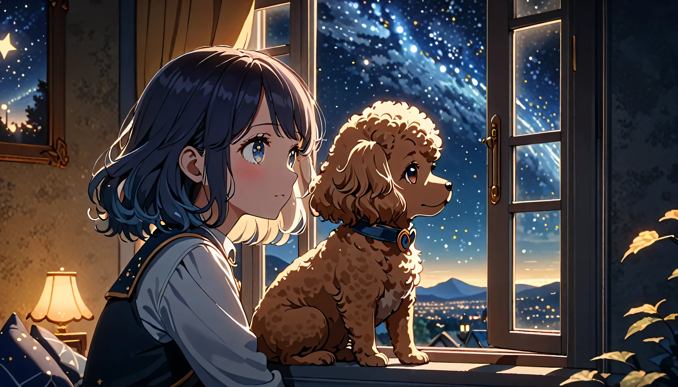 a girl , a toy poodle, rear view looking out the open window, a starry night sky outside the window, detailed face and eyes, detailed dog, highly detailed, 8k, masterpiece, animetic, cinematic lighting, dramatic lighting, fantasy, whimsical, ethereal, magical