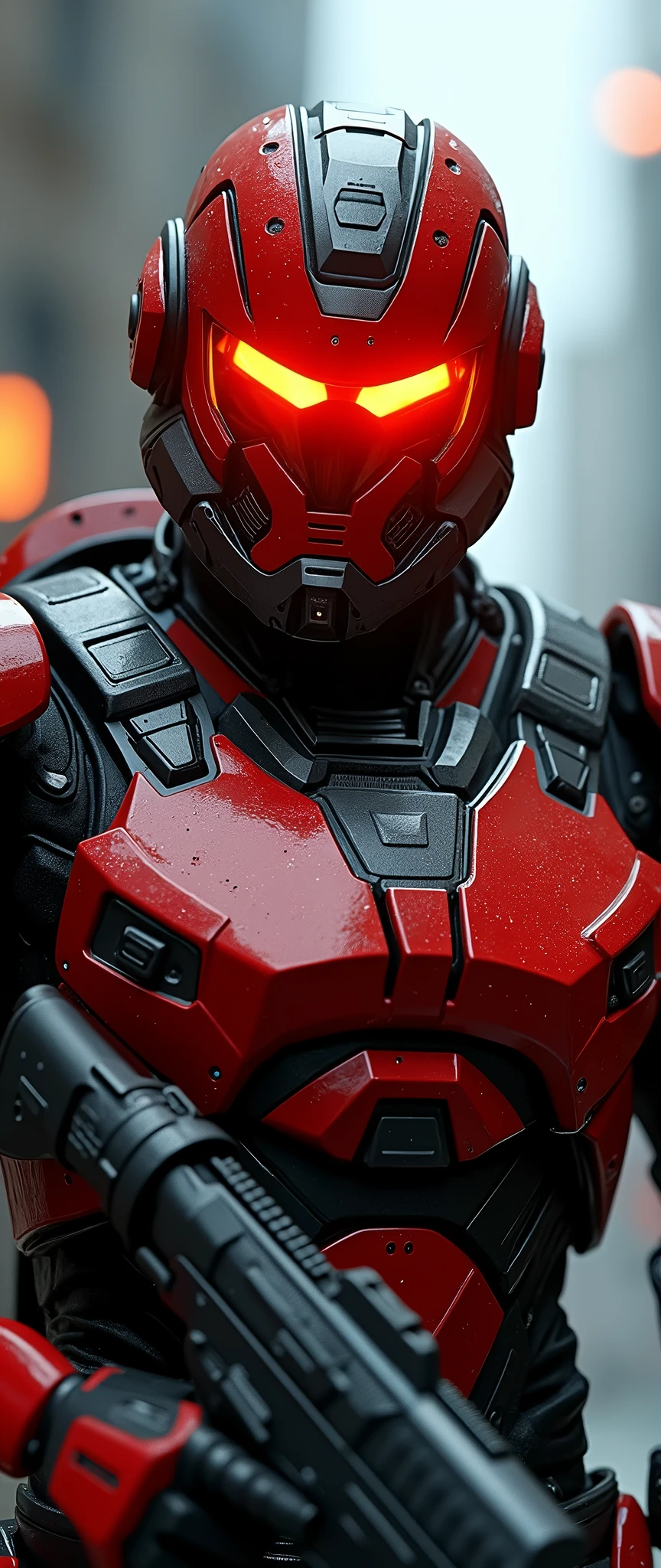 A full body front view of the male warrior with a large well-built powerful body type, dressed in striking and imposing red and black armor adorned with LED head-mounted spotlight that casts a bright yellow beam of light. The piercing red and orange eyes behind the red transparent glass face shield built into the helmet stand out against the cyberpunk cyber city backdrop, radiating intensity. his right hand firmly grips a gun, while the blurred background creates a dramatic contrast to his bold attire.