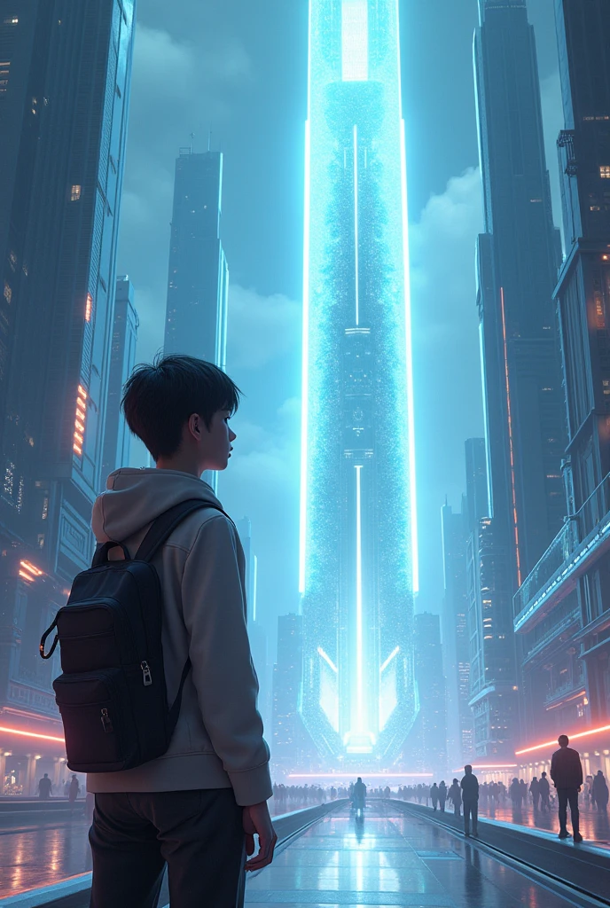 A 16 year old teenager, behind him a futuristic city, and in the center a building that emits a blinding light 