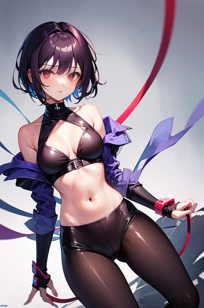 Dark purple hair, short hair, dark red eyes, ((Cool girl)), slim stomach, medium breasts