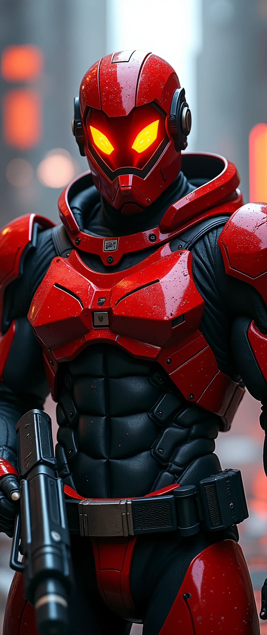 A full body front view of the male warrior with a large well-built powerful body type, dressed in striking and imposing red and black armor adorned with LED head-mounted spotlight that casts a bright yellow beam of light. The piercing red and orange eyes behind the red transparent glass face shield built into the helmet stand out against the cyberpunk cyber city backdrop, radiating intensity. his right hand firmly grips a gun, while the blurred background creates a dramatic contrast to his bold attire.