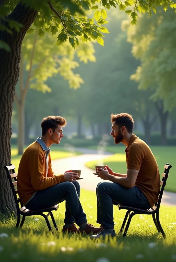 two mens talking at the park , sitting down, with coffee 
