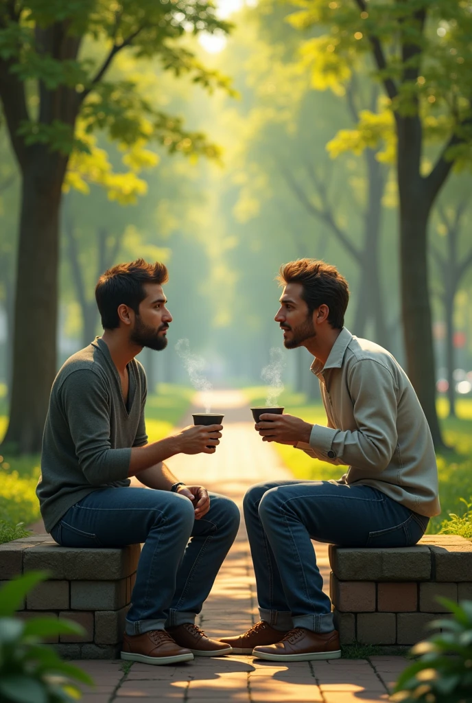 two mens talking at the park , sitting down, with coffee