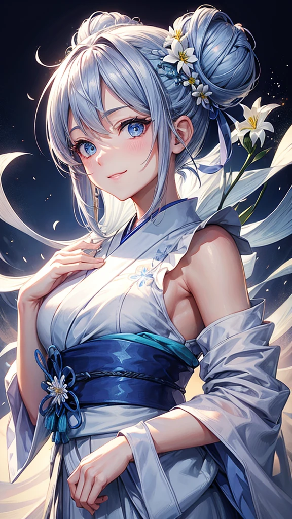 Anime character, half body only, upper body only, half body portrait, posing like a model, good looking, beautiful, full of details, aesthetic, hd, masterpiece art, amazing work. Solo, young lady, hair in bun, one bun, just one bun, flower accessories in bun, bluish gray colored hair, Lady, blue eyes, smile, elegant look, elegant carrying, white Japanese kimono, blue decoration, Lily flower theme, eyes facing camera, there are no hands to hinder the appearance, simple background.