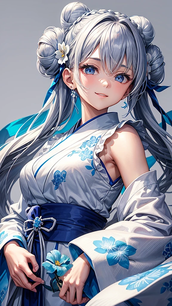Anime character, half body only, upper body only, half body portrait, posing like a model, good looking, beautiful, full of details, aesthetic, hd, masterpiece art, amazing work. Solo, young lady, hair in bun, one bun, just one bun, flower accessories in bun, bluish gray colored hair, Lady, blue eyes, smile, elegant look, elegant carrying, white Japanese kimono, blue decoration, Lily flower theme, eyes facing camera, there are no hands to hinder the appearance, simple background.