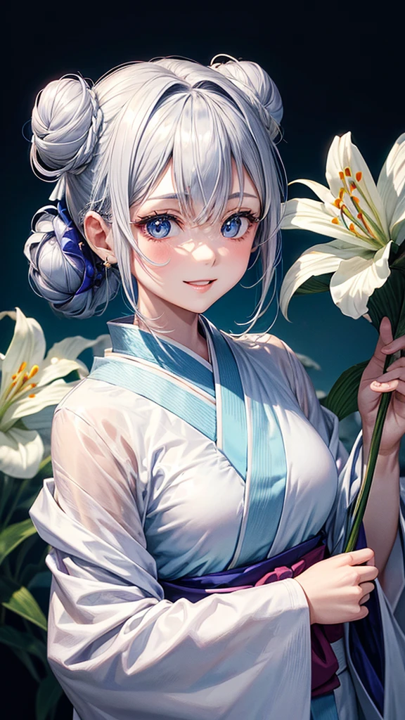 Anime character, half body only, upper body only, half body portrait, posing like a model, good looking, beautiful, full of details, aesthetic, hd, masterpiece art, amazing work. Solo, young lady, hair in bun, one bun, just one bun, flower accessories in bun, bluish gray colored hair, Lady, blue eyes, smile, elegant look, elegant carrying, white Japanese kimono, blue decoration, Lily flower theme, eyes facing camera, there are no hands to hinder the appearance, simple background.