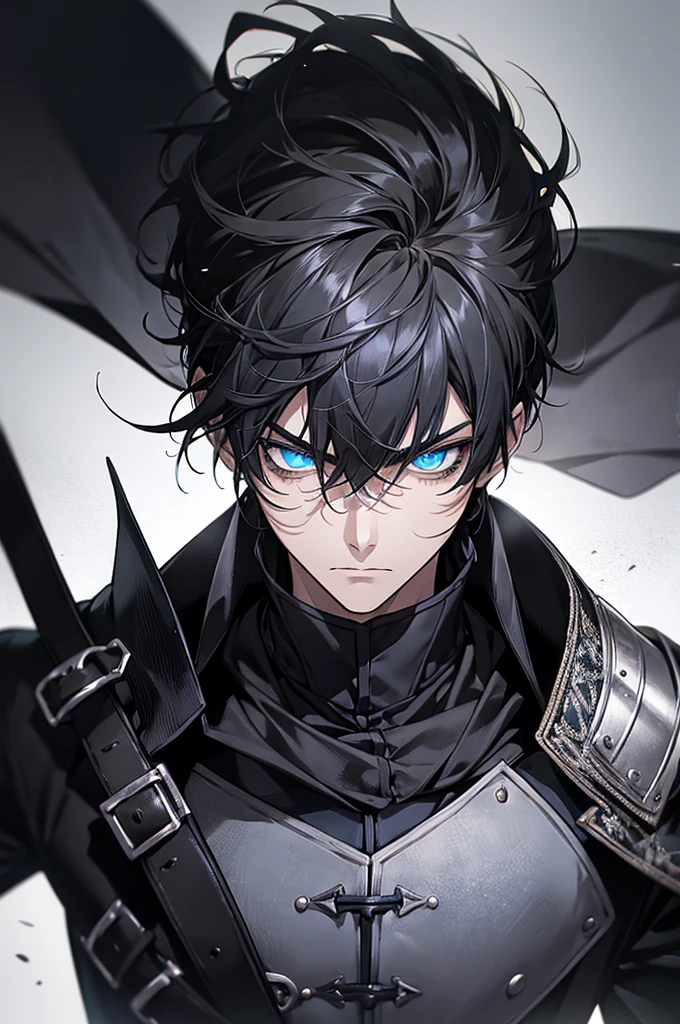 Masterpiece, High quality, Portrait, anime style, man,manหนุ่ม 31 ปี, angry face, Severe attack,  Anger, glowing eyes, ผู้manอนิเมะตัวสูงที่มีตาสีฟ้า, black short hair, ((blue eyes)),Quiff Hairstyles, ((short black hair)), [Thick eyebrows], Young Knight, ((black long coat)), ((all black)),Silver veil edge, (blue eyes) , handsome , Facial expressions, black knight armor , black fur shawl(Masterpiece,best quality,special, (Broad shoulders)) (muscle), Set up an attack, attack, There is an injury. , The background is a battlefield. ,Wearing black armor, Palm attack