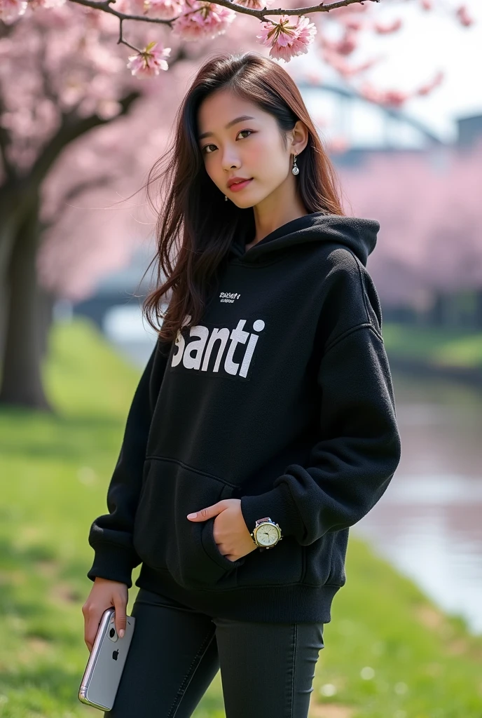 Beautiful white Korean woman, wearing a black knit hoodie with a white pattern, with the Santi logo, black jeans, white hijab, boots, holding an iPhone, wearing a watch, near a cherry tree, with a background of cherry trees, river, bridge, green grass, cherry tree, original photo