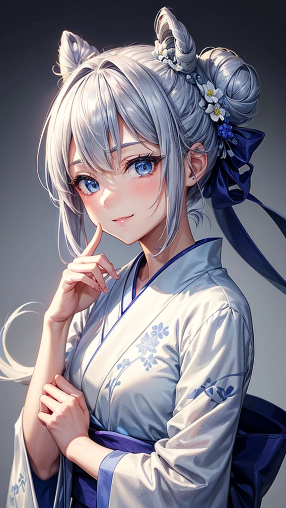 Anime character, half body only, upper body only, half body portrait, posing like a model, good looking, beautiful, full of details, aesthetic, hd, masterpiece art, amazing work. Solo, young lady, hair in bun, one bun, just one bun, flower accessories in bun, bluish gray colored hair, Lady, blue eyes, smile, elegant look, elegant carrying, white Japanese kimono, blue decoration, Lily flower theme, eyes facing camera, there are no hands to hinder the appearance, simple background.
