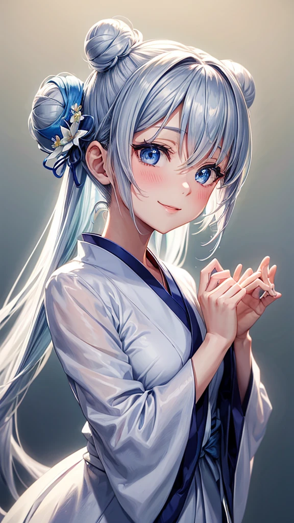 Anime character, half body only, upper body only, half body portrait, posing like a model, good looking, beautiful, full of details, aesthetic, hd, masterpiece art, amazing work. Solo, young lady, hair in bun, one bun, just one bun, flower accessories in bun, bluish gray colored hair, Lady, blue eyes, smile, elegant look, elegant carrying, white Japanese kimono, blue decoration, Lily flower theme, eyes facing camera, there are no hands to hinder the appearance, simple background.