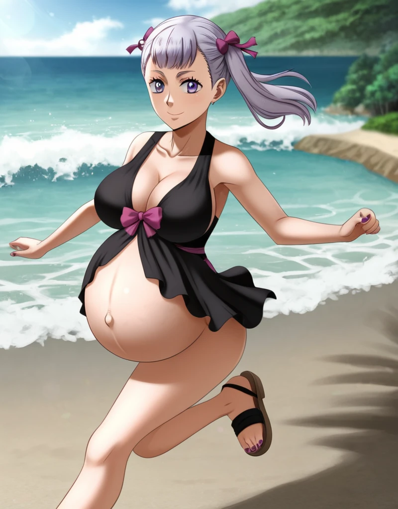 noelle_blackclover, Noelle Silva, Black Clover, long silver hair, waist-length hair, half-up half-down hairstyle, ribbon, soft waves, side-parted bangs, almond-shaped blue eyes, high-quality, ultra-detailed, beast quality, 8K resolution, anime style,
looking at viewer, smile, pregnant belly, large belly, huge belly, big Breasts, running,
1girl,solo, indoors, beach, happy, Smiling, rub belly,
full body, Nail polish, Sandals