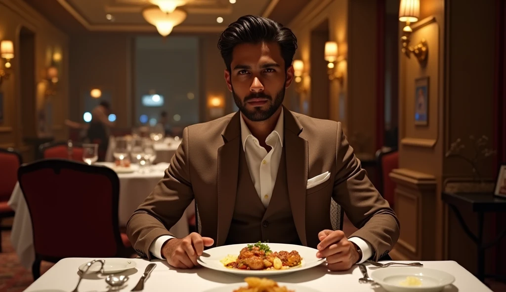 An Indian businessman who is 24 years old is eating food in an Indian luxury restaurant. He is wearing a brown 3 piece suit and he is very handsome and he is eating alone at a table. Dinner And the one wearing the golden frock, whose name is Shreya, suddenly gets up from that table and walks away sadly.