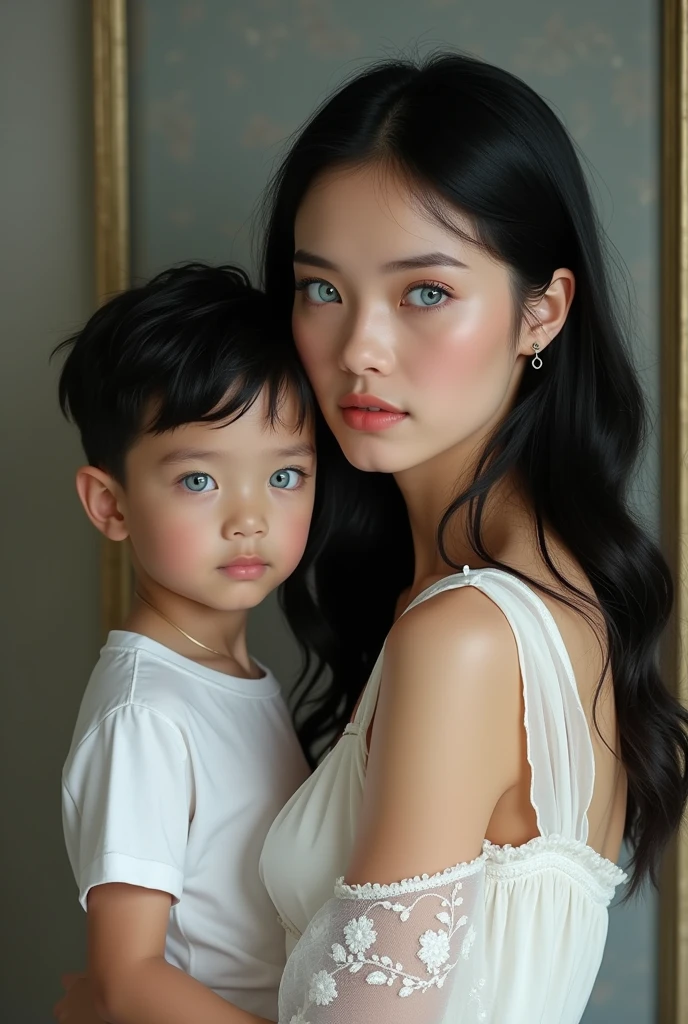 Make a beautiful white woman with black hair and blue eyes with her white son with black hair and blue eyes 