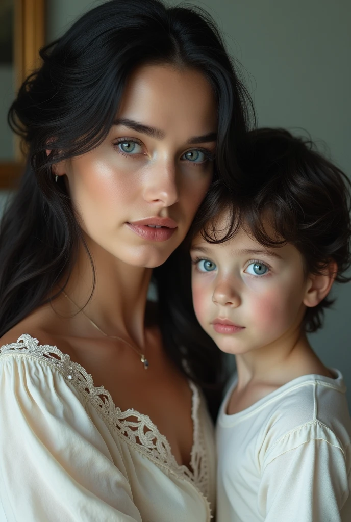 Make a beautiful white woman with black hair and blue eyes with her white son with black hair and blue eyes